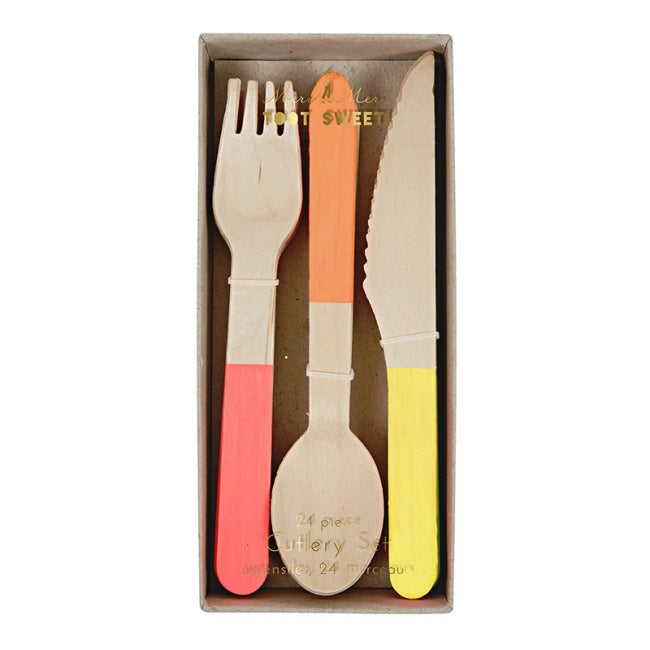 Neon Wooden Cutlery Set - Pack of 24 pieces