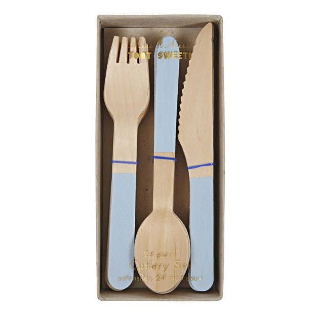 Soft Blue Wooden Cutlery Set - Pack of 24 pieces