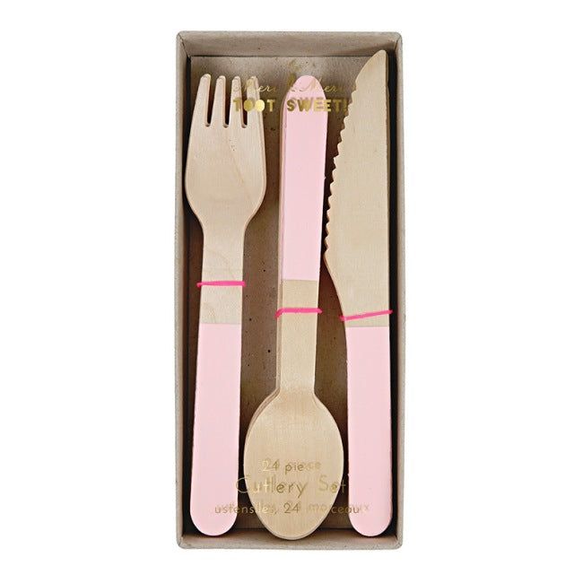 Soft Pink Wooden Cutlery Set - Pack of 24 pieces