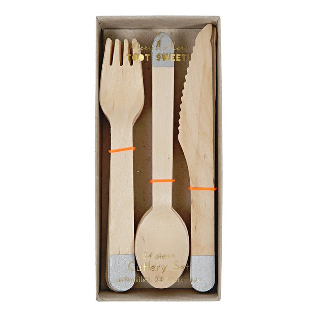 Silver Wooden Cutlery Set - Pack of 24 pieces