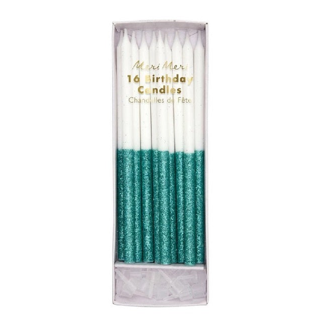 Green Glitter Dipped Candles - Pack of 16